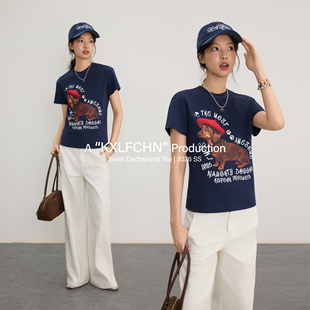 KXLFCHN空穴来风 夏季画家帽腊肠狗tee宽松休闲复古百搭短袖T恤女