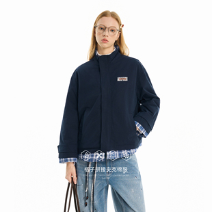 KXLFCHN空穴来风2025冬季新款拼接格子薄棉服女宽松休闲立领外套