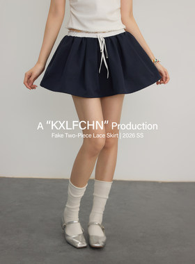 KXLFCHN空穴来风 日常百搭假两件藏蓝蕾丝点缀半身裙甜妹百搭短裙