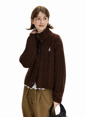 KXLFCHN空穴来风冬新款大翻领绞花毛衣开衫女学院风刺绣针织衫女