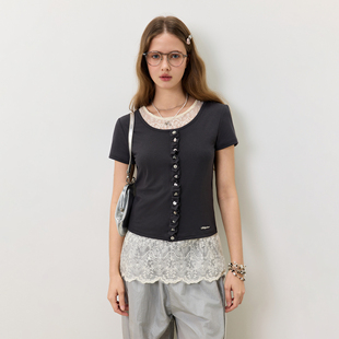 KXLFCHN 空穴来风 夏季简约款门襟花边假门襟修身开衫短袖女上衣