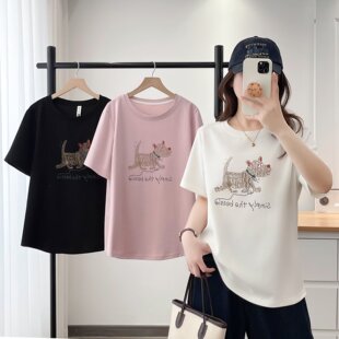洋气小狗印花宽松显瘦短袖 大码 新款 胖mm夏季 T恤百搭上衣2602 女装