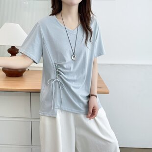 开叉正肩短袖 夏季 T恤百搭上衣2531 时尚 胖mm新款 大码 女装