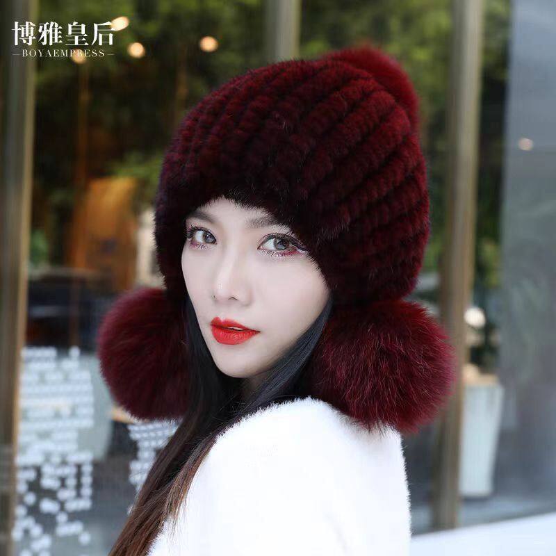 新款水貂帽子女士百搭冬季女水貂毛时尚潮流针织帽狐狸三球护耳帽