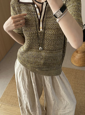 可可-网红款韩系polo领撞色金丝设计洋气单品气质短袖针织衫32059