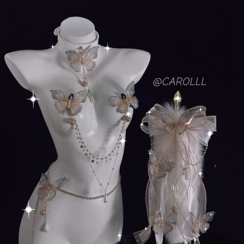 CAROLLL梦幻粉绿蝴蝶项圈身体链性感身体装饰链狐狸毛绒w巴