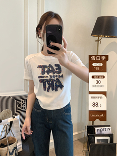 女t恤夏2024新款 女装 韩版 彩绘字母印花上衣女 短袖 时尚 设计感短款