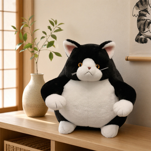 施雅日本原装仿真胖猫咪毛绒布偶黑白奶牛猫虎斑猫慵懒坐姿公仔