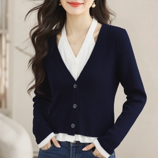 丽新折扣女装 M魅系列26春装30年老品牌高端V领假两件针织开衫