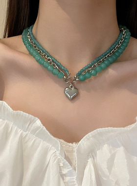 多层绿色爱心不规则吊坠项链