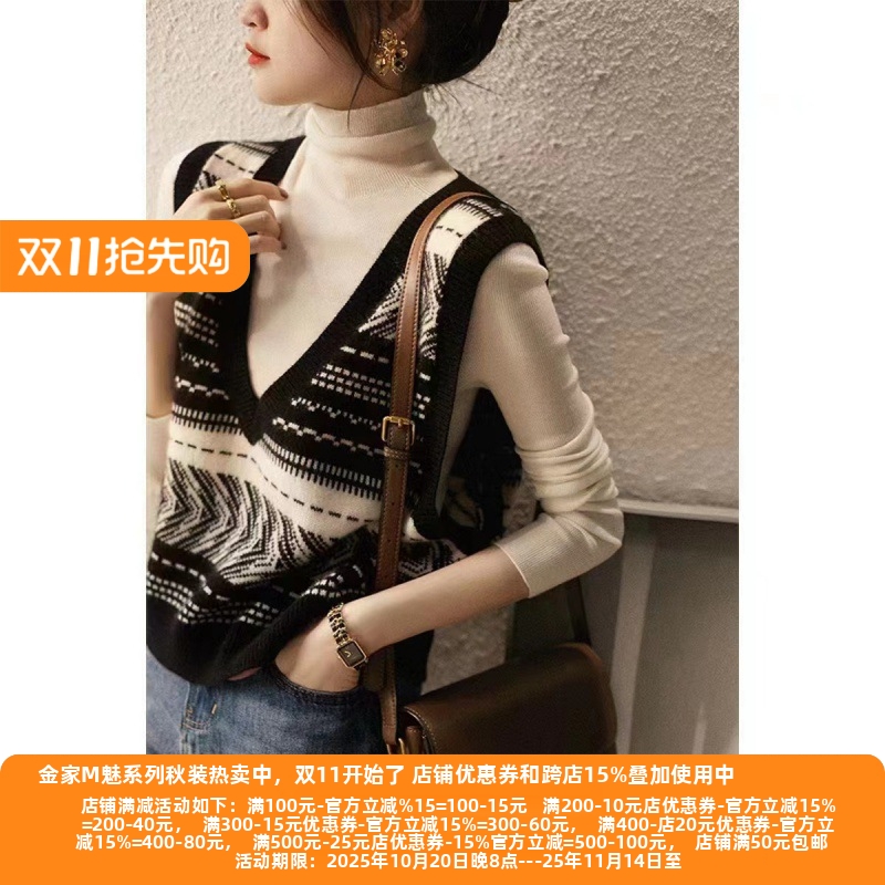 秋季条纹无袖毛衣春秋大v领马甲