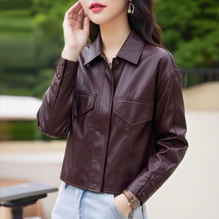 PU皮衣棕红女 30年老品牌高端翻领长袖 丽新折扣女装 M魅系列26春装