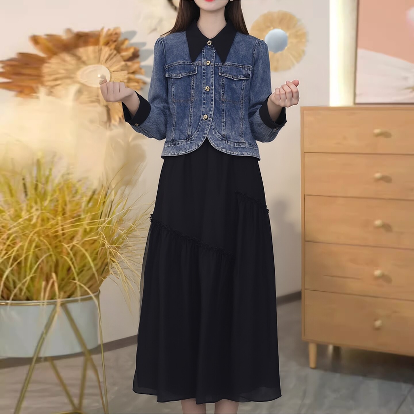 丽新折扣女装 M魅系列26春装30年老品牌牛仔外套无袖连衣裙2件套