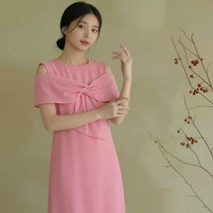丽新折扣女装 M魅系列26夏装30年高档老牌委蝴蝶结拼接露肩连衣裙