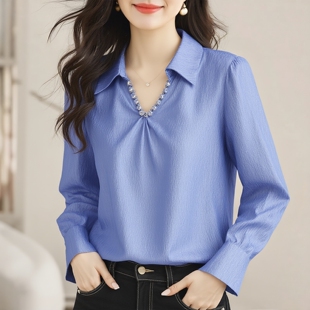 30年老品牌高端翻领钉珠纯色宽松衬衫 M魅系列26春装 丽新折扣女装