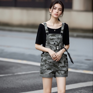 丽新折扣女装  二三线品牌系列 CC撤柜时尚迷彩卷边牛仔背带短裤