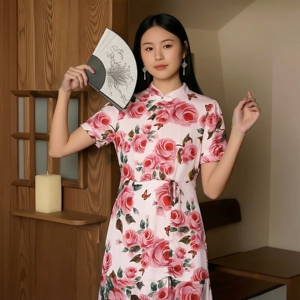 丽新折扣女装  二三线品牌系列 C蚕撤柜时尚盘扣碎花旗袍连衣裙