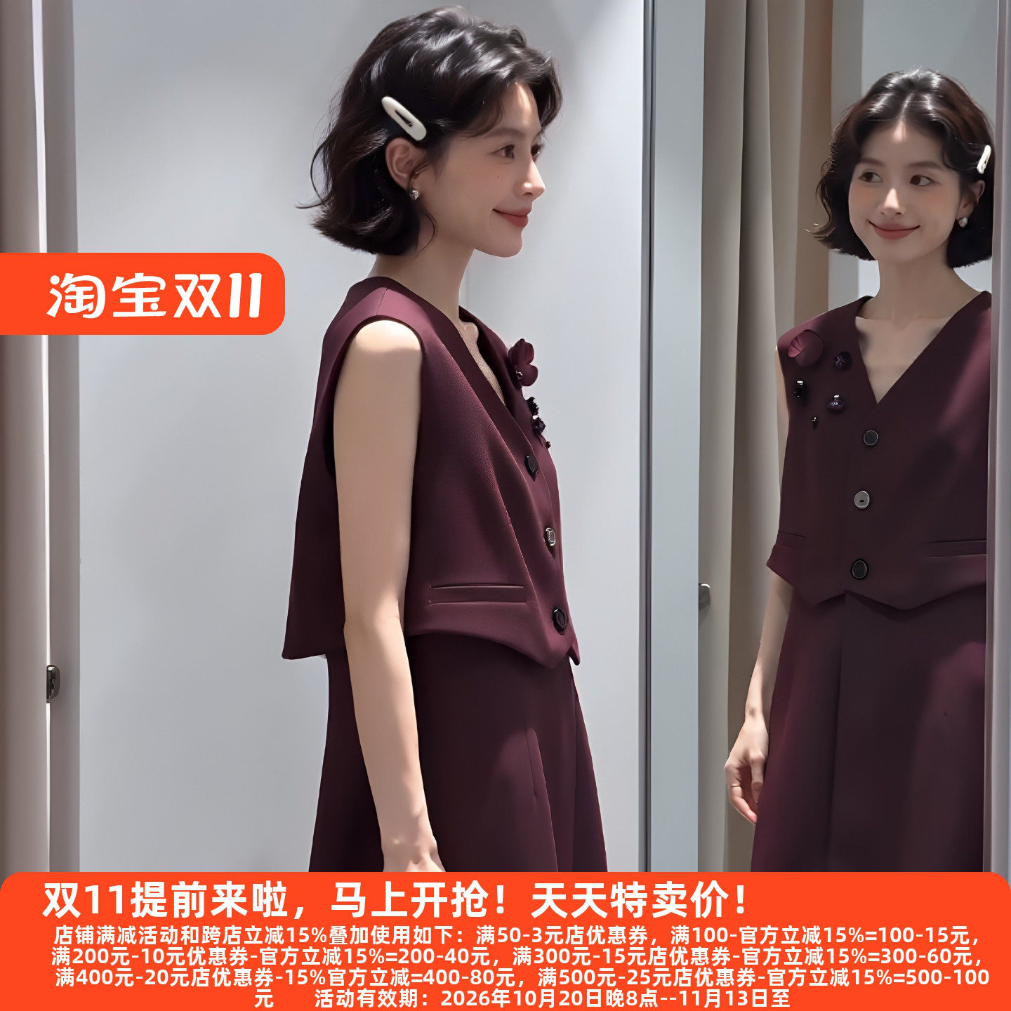 M魅秋装亮片V领无袖马甲连衣裙