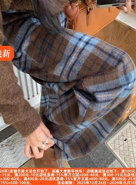 D丽新折扣 蓝色毛呢格子阔腿裤网红高腰直筒裤宽松百搭休闲拖地裤