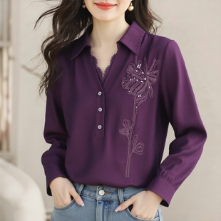 30年老牌高端蕾丝拼接翻领刺绣衬衫 丽新折扣女装 M魅系列26春装