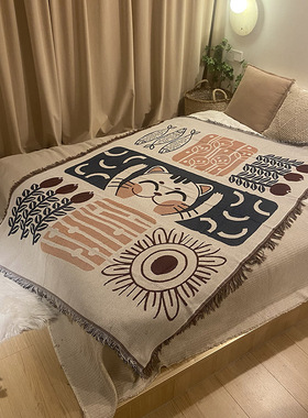 招财猫 ins风小毯子床上用露营休闲毯办公室午睡毯沙发盖毯多用途