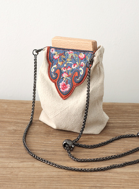 庸庸棉麻刺绣斜挎手机包女新中式国风手单肩文艺斜挎帆布小包轻便