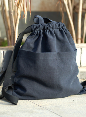 庸庸棉麻流浪水桶双肩包女上班通勤帆布大背包大容量抽绳女生出游