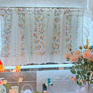 法式 饰帘窗帘 轻奢碎花荷叶边布艺镜子遮挡帘半帘隔断帘客厅玄关装