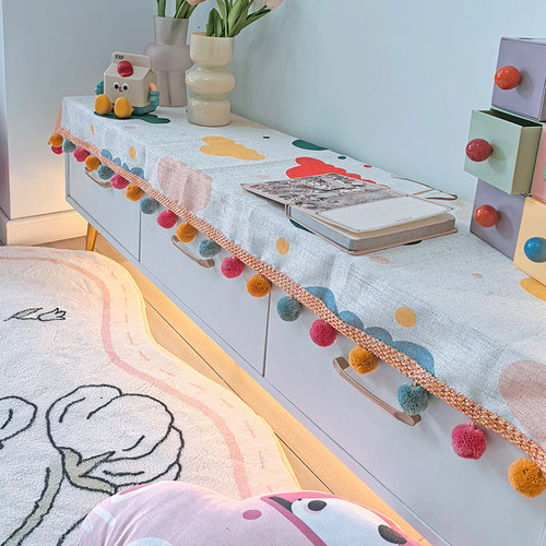 可爱毛球边边布置装饰电视柜台面保护垫亚麻盖巾长方形家具防脏垫