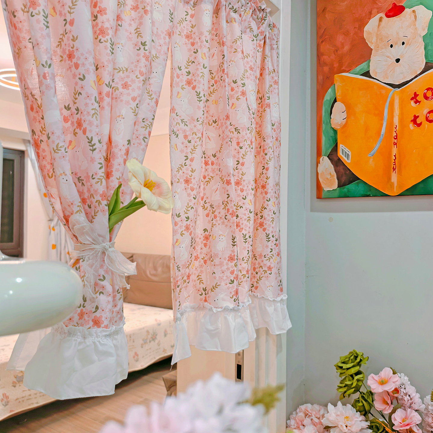 纯棉全棉粉色兔子浪漫门帘半截服装店试衣间布帘儿童房隔断帘遮丑