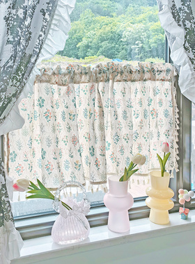 乡村田园风阳台窗帘装饰绿叶半帘棉麻布艺日式短款伸缩杆隔断帘子