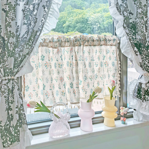 乡村田园风阳台窗帘装饰绿叶半帘棉麻布艺日式短款伸缩杆隔断帘子