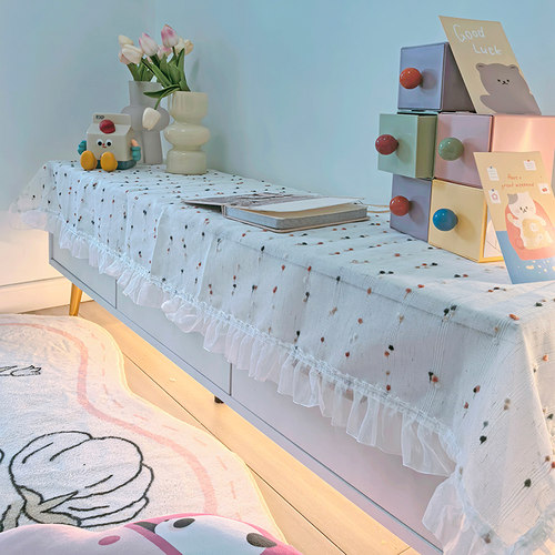 小清新彩色点点电视柜台面垫子欧根纱花边桌布房间卧室布置装饰布