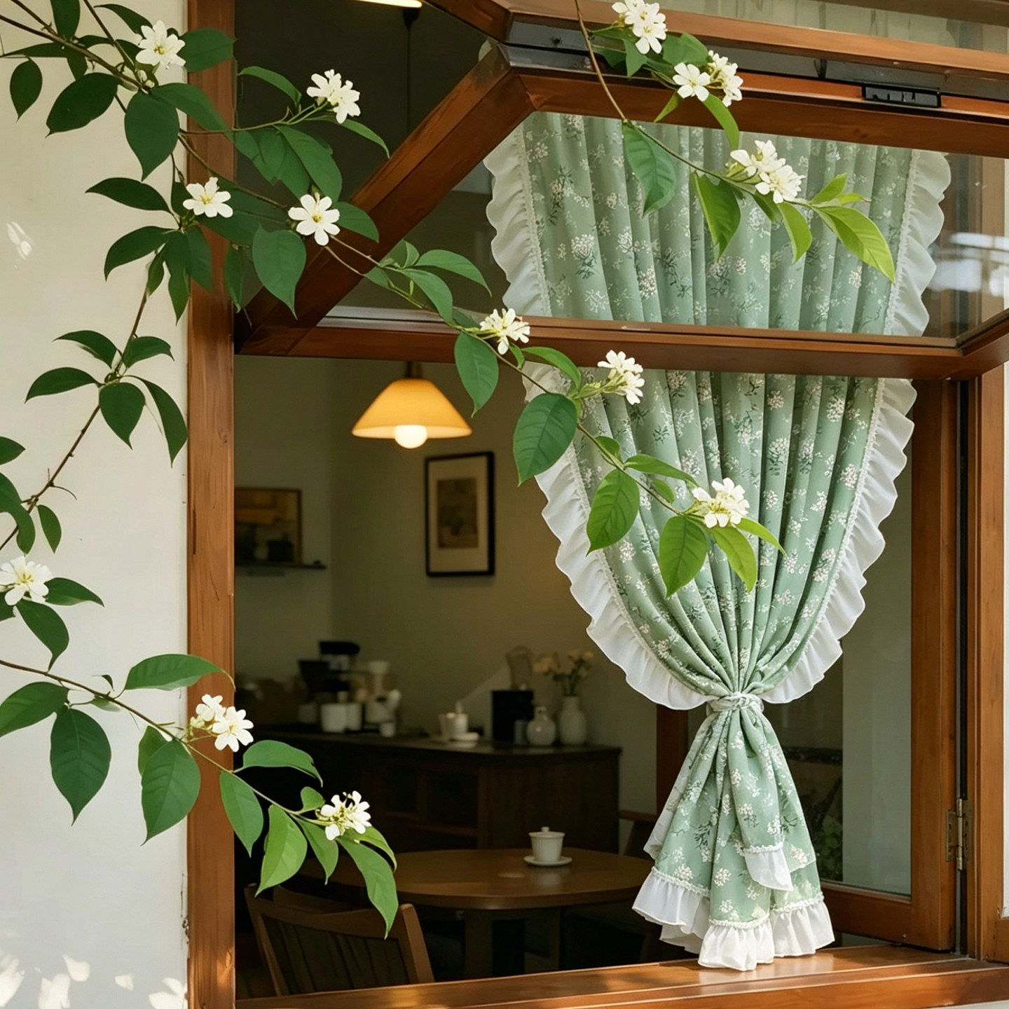 复古风纯棉薄荷绿碎花短窗帘咖啡店治愈系门帘卧室客厅小窗隔断帘