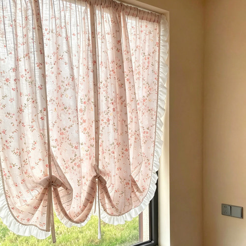 萌甜纯棉碎花系带弧形小窗帘少女心裸粉色提拉帘半遮光绑带隔断帘