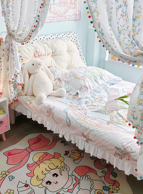 卧室床对门隔断碎花布艺窗帘法式屏风女孩门帘半遮光免打孔屏风