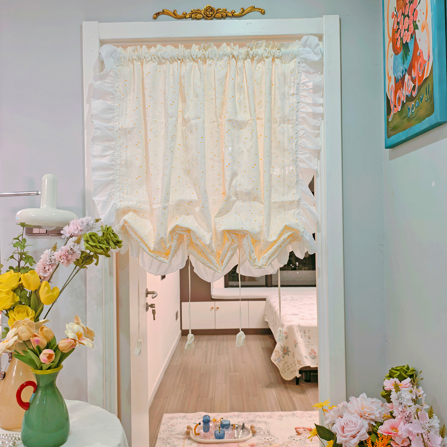 复古风嫩黄窗户遮挡帘水波抽绳提拉帘升降帘半帘布艺遮光装饰帘