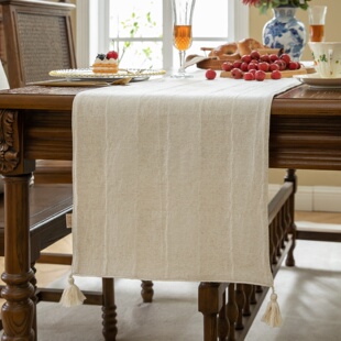 原创法式棉麻肌理感提花古朴西餐桌玄关鞋柜米白桌旗床旗可定制