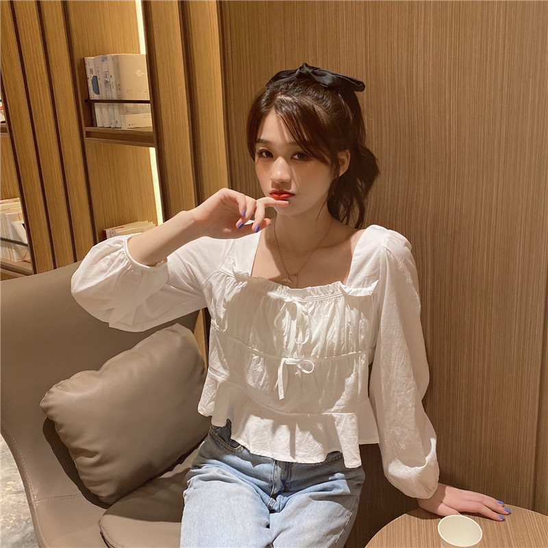 Real price lace up loose square collar shirt