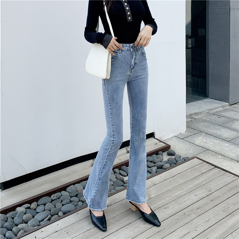 春秋弹力垂感直筒拖地长裤女大码胖mm高腰显瘦复古微喇叭牛仔裤潮