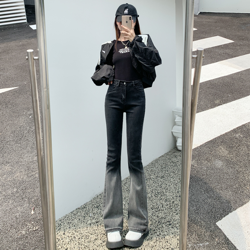微喇叭弹力牛仔裤女辣妹小众修身马蹄裤大码胖mm阔腿拖地长裤