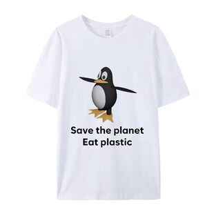 Save the planet Eat plastic可爱企鹅T恤男女即可宽松百搭短袖夏