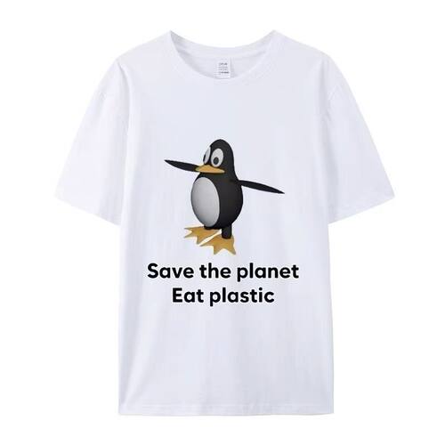 Save the planet Eat plastic可爱企鹅T恤男女即可宽松百搭短袖夏