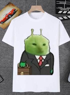 绿色外星小猫表情包短袖男t恤女地球猫猫教meme抽象猎奇学生衣服