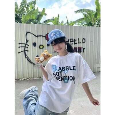 美式字母印花短袖夏季新款涤纶oversizeT恤女宽松百搭情侣上衣ins