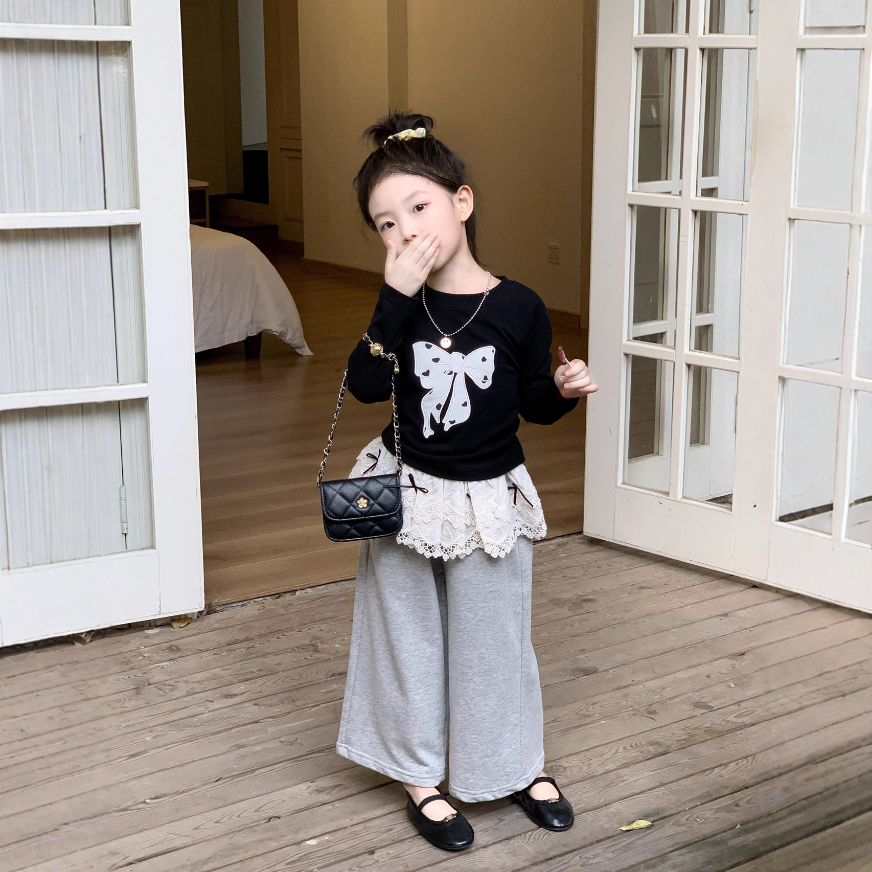 女童上衣2025秋季新款童装女孩洋气蝴蝶结屁帘裤儿童春秋T恤卫裤