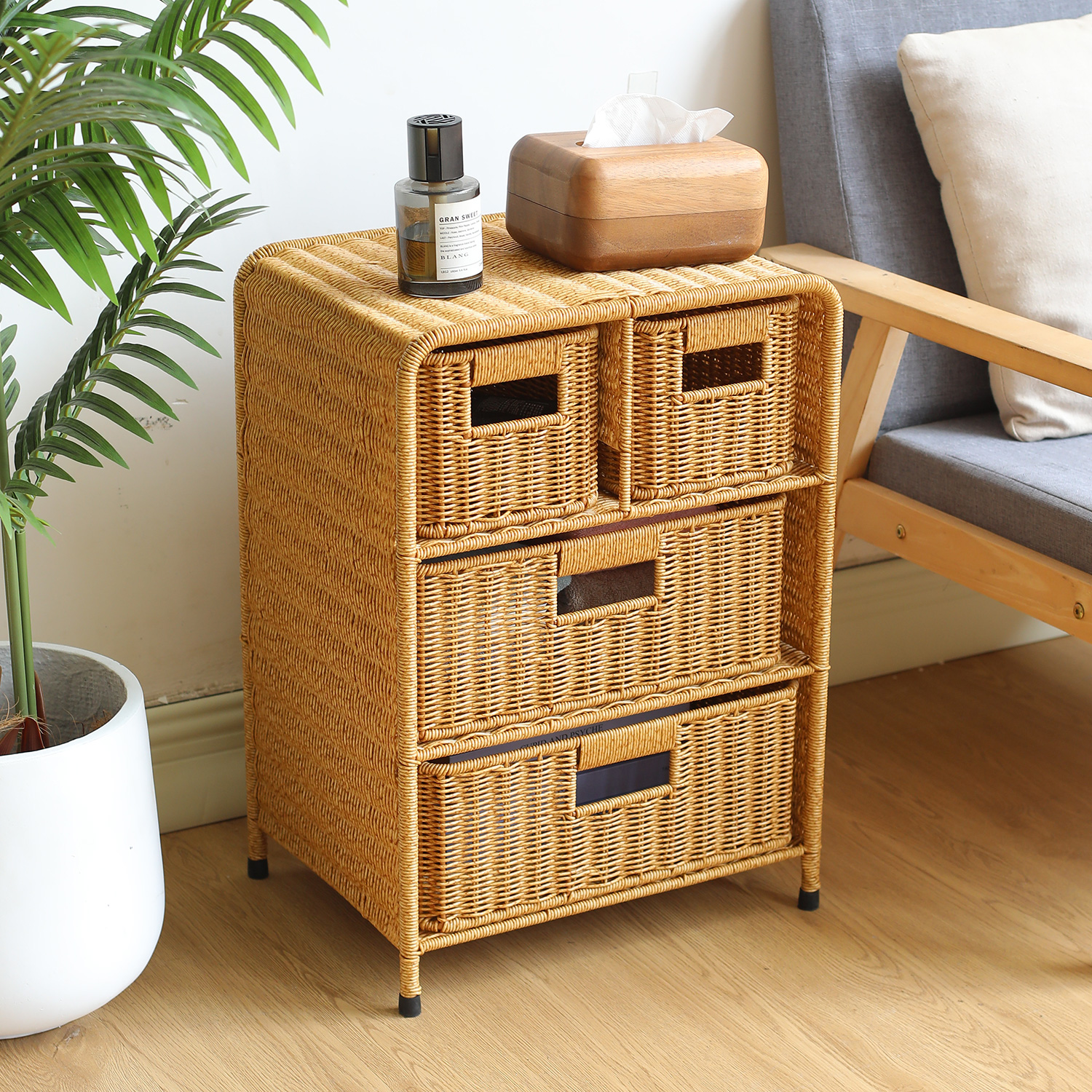 仿藤编床头柜家用卧室床边编织柜子客厅手工多层抽屉式收纳置物架