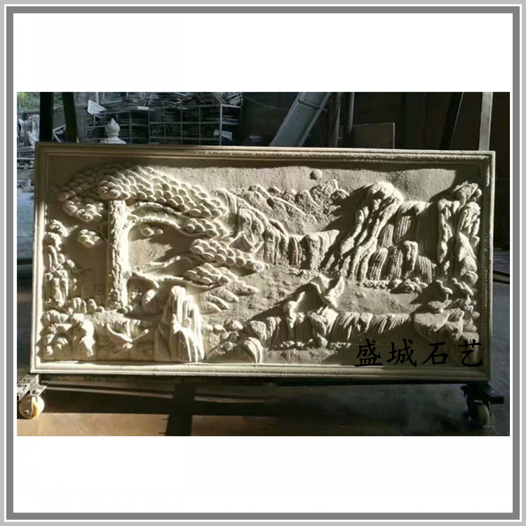 砂岩大型浮雕迎客松雕塑中式背景墙酒店形象墙沙雕画艺术花盆喷泉