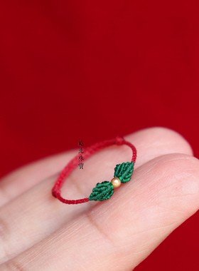 18k金本命年极细绿色叶子小戒指