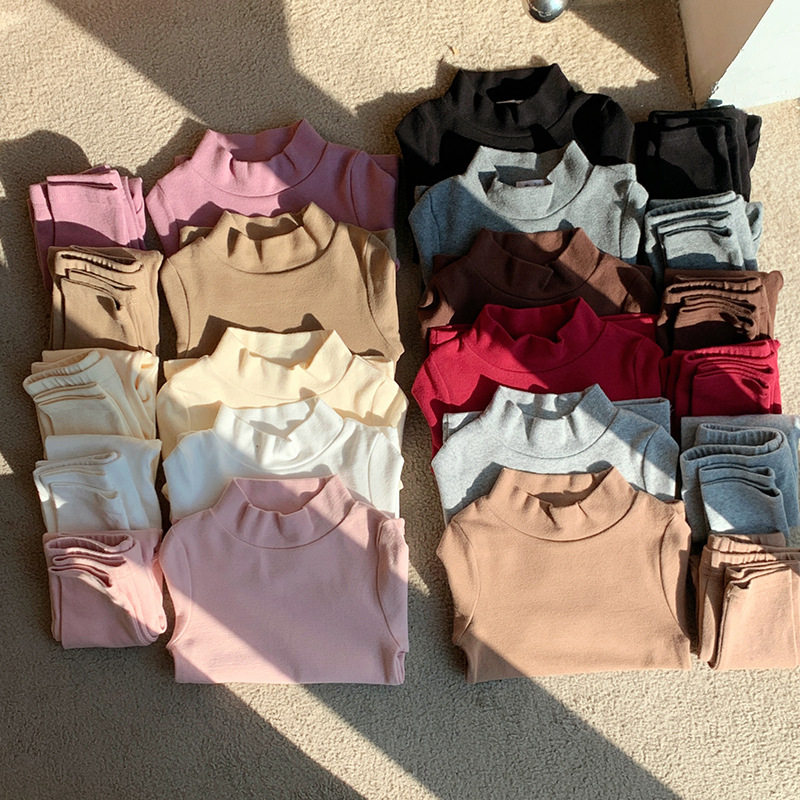 男女童磨毛棉质半高领打底家居服套装秋冬款秋衣秋裤宝宝睡衣